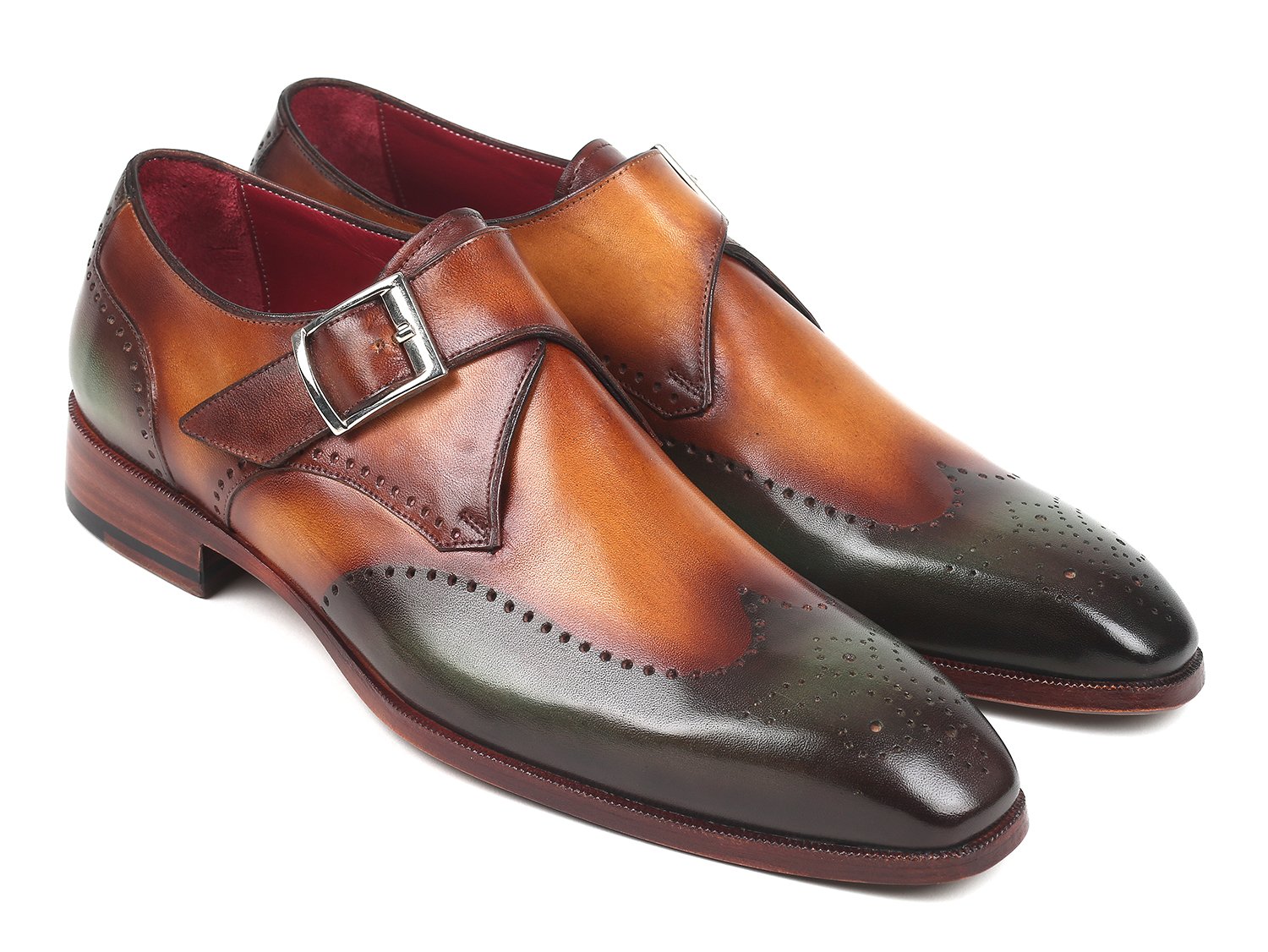 Paul Parkman "944-GRN-CML" Green / Camel Genuine Leather Monkstraps Shoes.